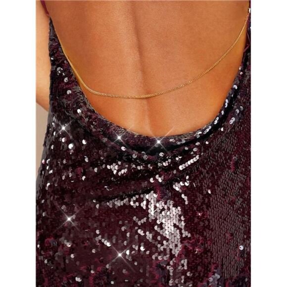 NEW - Elegant Sequin Embellished Deep Draped Neck Backless Metal Chain Decorated - Picture 4 of 6